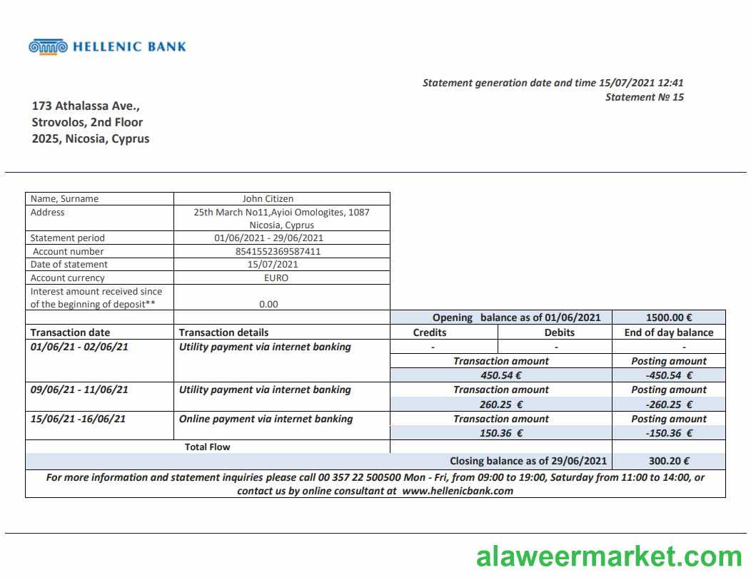 Cyprus Hellenic bank statement